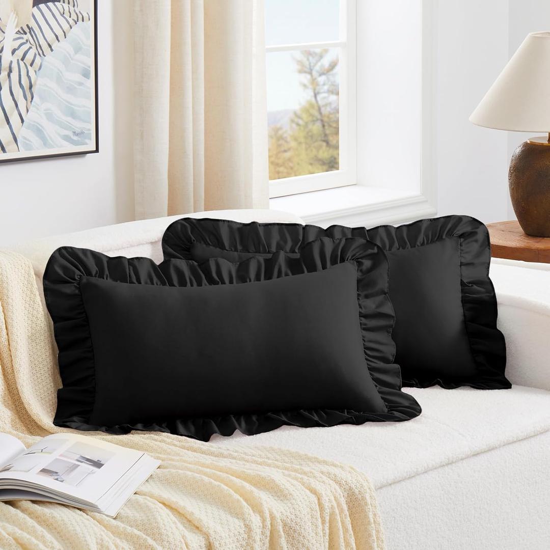 KKJIAF Black Lumbar Pillow Covers 12x20 Inch Set of 2, Microfiber Ruffled Pillow Shams, Ruffle Sham Pillow Covers Lumbar Pillow Case for Couch Bed Livingroom
