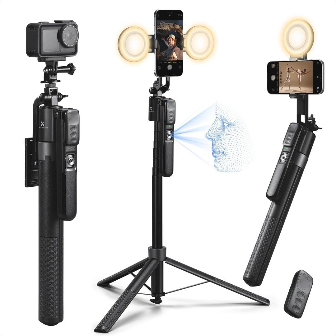 K&F CONCEPT 71 Auto Face Tracking Tripod, 360 Rotation Selfie Stick with 2 Fill Lights, Gesture Remote Control for Vlogging, Live Streaming Video Recording, Compatible with iPhone Android Pocket 4/3