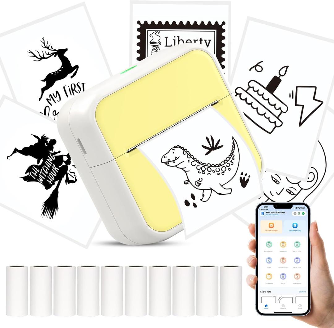 Mini Pocket Printer for iPhone/Android, Portable Mini Sticker Printer with 10 Rolls Non-Sticky Thermal Papers, Blue-Tooth Thermal Label Maker for Journal Memo Notes Photo Study, Yelllow (Yellow)