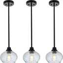 MELUCEE 3 Pack Pendant Lights Kitchen Island with Clear Water Ripple Glass, Modern Mini Chandeliers 1-Light Hanging Ceiling Light for Dining Room Bedroom Hallway, Adjustable Height