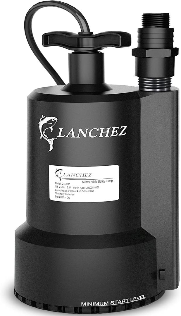 Lanchez Sump Pump, 1/2 HP 2450GPH Submersible Water Pump, Utility Pump Thermoplastic Portable Electric Transfer Pump for Hot Tub Swimming Pool Basement Garden Pond Tubs Draining with 10FT Cord