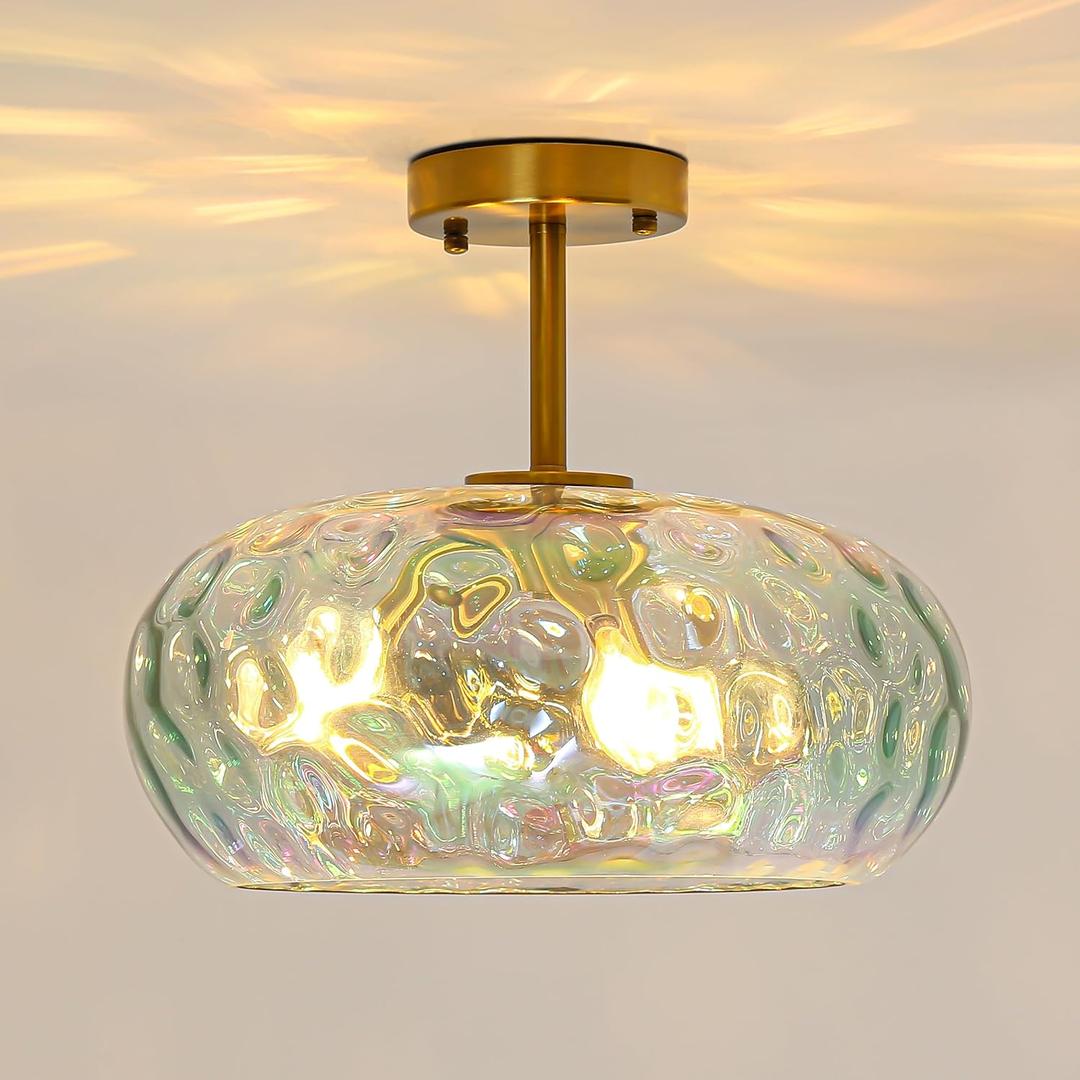 Semi Flush Mount Ceiling Light, 14" Large 3-Lights Ceiling Light Fixture with Iridescent Hammered Glass Shade, Modern Chandelier for Hallway Entryway Foyer Bedroom, Brass/Gold
