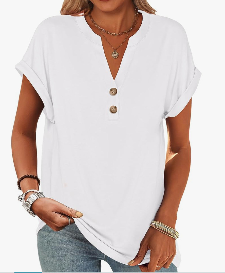 Womens Short Sleeve Henley Tops V Neck Dressy Casual Loose Fit Shirts Summer Flowy Blouses 2025 Trendy Clothes XL