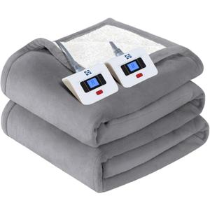 Sealy Electric Blanket Queen Size, Flannel & Sherpa Heated Blanket, 10 Heat Settings, Auto Shut Off, Machine Washable, Light Grey, 84 x 90 Inch