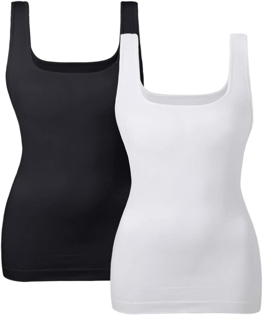 EUYZOU Women's Tummy Control Shapewear Tank Tops Seamless Square Neck Compression Tops Slimming Body Shaper Camisole (XX-Large, Black/White 2pk)
