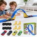 Flexible Race Track for Kids - 15Ft Car Track with 4 Vehicle in 1:64 Scale, 4M DIY Car Ramp Roll Up, Play Race Cars for 3 4 5 6 Year Old Boys Girls, Little People Gifts for Birthday Christmas (Blue)