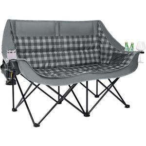 Double Camping Chair 2 Person Loveseat Oversized Padded Camping Couch Heavy Duty Portable Folding XL Camp Chair with Cup Holder Side Pocket for Outdoor Lawn Beach Sport Support 800LBS, Plaid