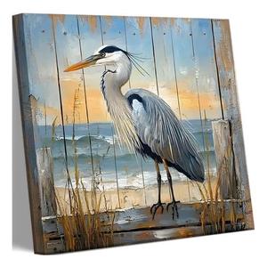 Vintage Canvas Print in the Shape of a Heron, Tropical Nature, Birds