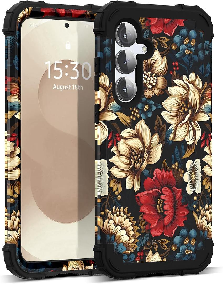 for Galaxy S25 5G Case,3 in 1 Oil Painting Flower Pattern Heavy Duty Shockproof Protection Silicone Rubber Bumper+Hard Plastic Protective Cover for Samsung Galaxy S25,Black Flower