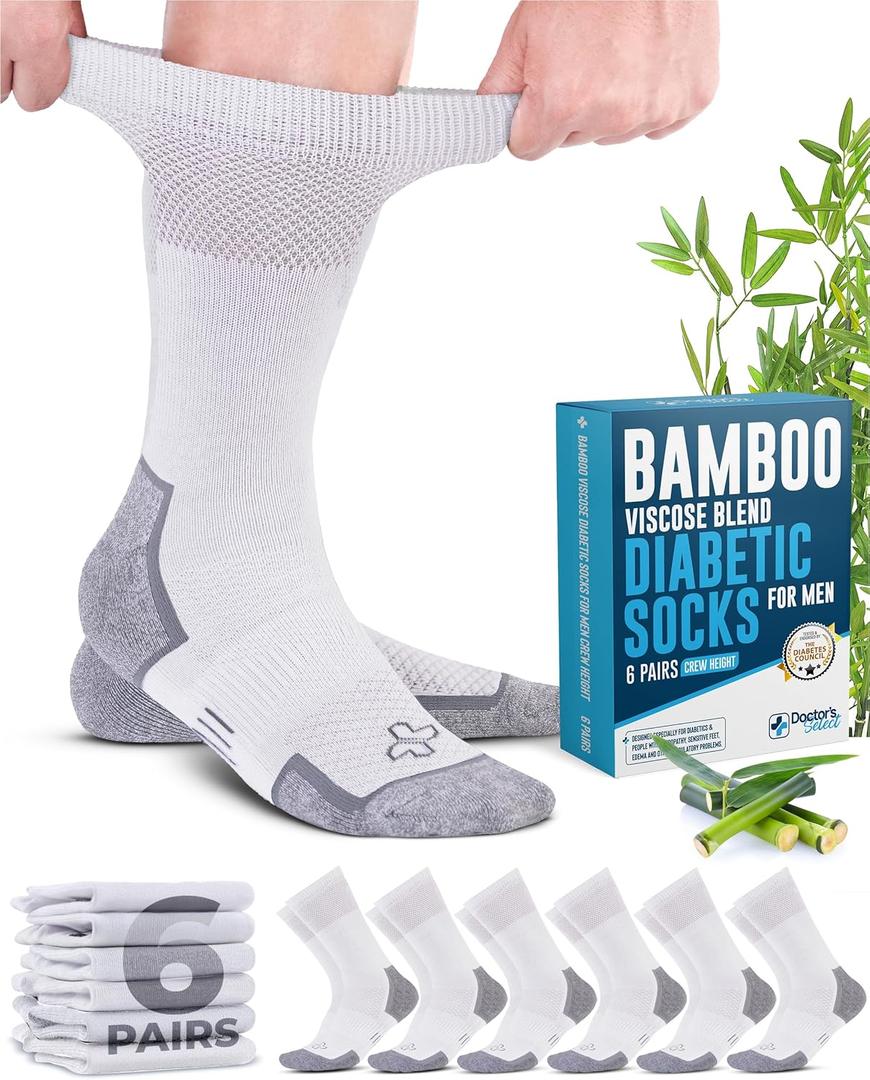 Doctor's Select Bamboo Viscose Diabetic Socks for Men - 6 Pairs Crew Diabetic Neuropathy Socks for Men (Medium)