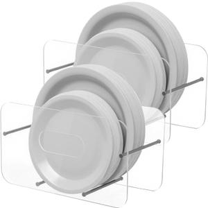 2 Pcs Acrylic Paper Plate Holders Space-Saving 7-12 Inch Disposable Plates Storage Organizer Round/Square Plastic, Foam & Paper Plate Dispenser for Cabinet, Countertop, RV or Outdoor Use