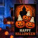 Halloween Garden Flag With Three Spooky Ghosts And Stacked Jack O Lantern Pumpkins Of Haunted House Flags Outdoor Yard Decor 12x18 Inch Double Sided Seasonal Flags Front Porch Lawn Decor
