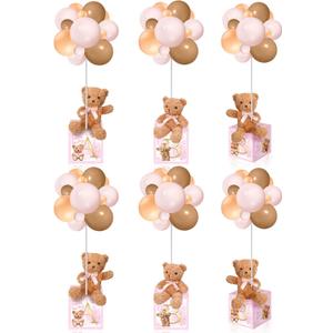 Lenwen 6 Sets Pink Bear Decorations for Baby Shower, Baby Letter Boxes Baby Shower Table Centerpieces Bear Stuffed Animals Balloon with Stand Bear Plush Toy Baby Boxes for Birthday Party Wedding