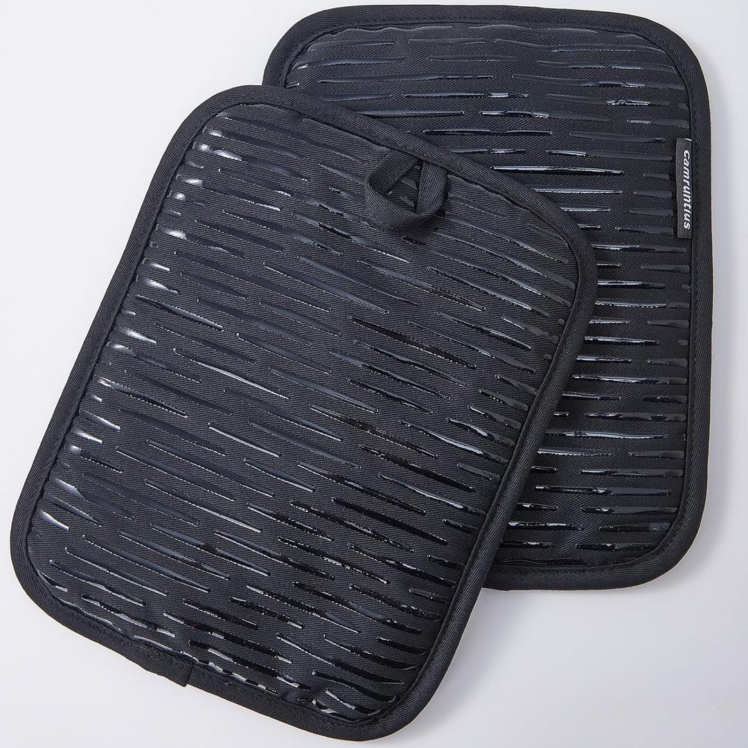 2 Pack Pot Holders for Kitchen, 7 x 9 Inch Cotton and Non-Slip Silicone Potholders Heat Resistant, Oven Cooking Hot Pads Pan Holder (Black)