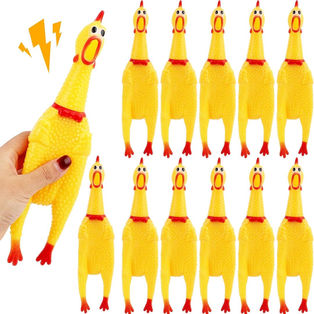 12 Pack Squeeze Screaming Rubber Chicken 11 Inch Yellow Squawking Chicken Rubber Squeaky Chicken Toy for Kids Adults Dogs Pets Prank Novelty Toy Reduce Separation Stress Anxiety