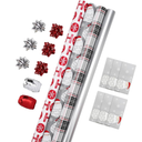LaRibbons Christmas Wrapping Paper Set, Classic Santa Face & Plaid Design with Gift Bow & Ribbons & Tags, Perfect for Christmas, Holiday, Winter Party, Xmas, 30 Inch X 10 Feet (4Rolls, 100 sq.ft.ttl.)