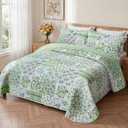 Green Patchwork Queen Quilt Floral Queen Size Quilt 3 Pieces Full Bedding Set Reversible Soft Lightweight Bedspread Coverlet for All Season, 90"x96" (1 Quilt, 2 Pillow Shams)