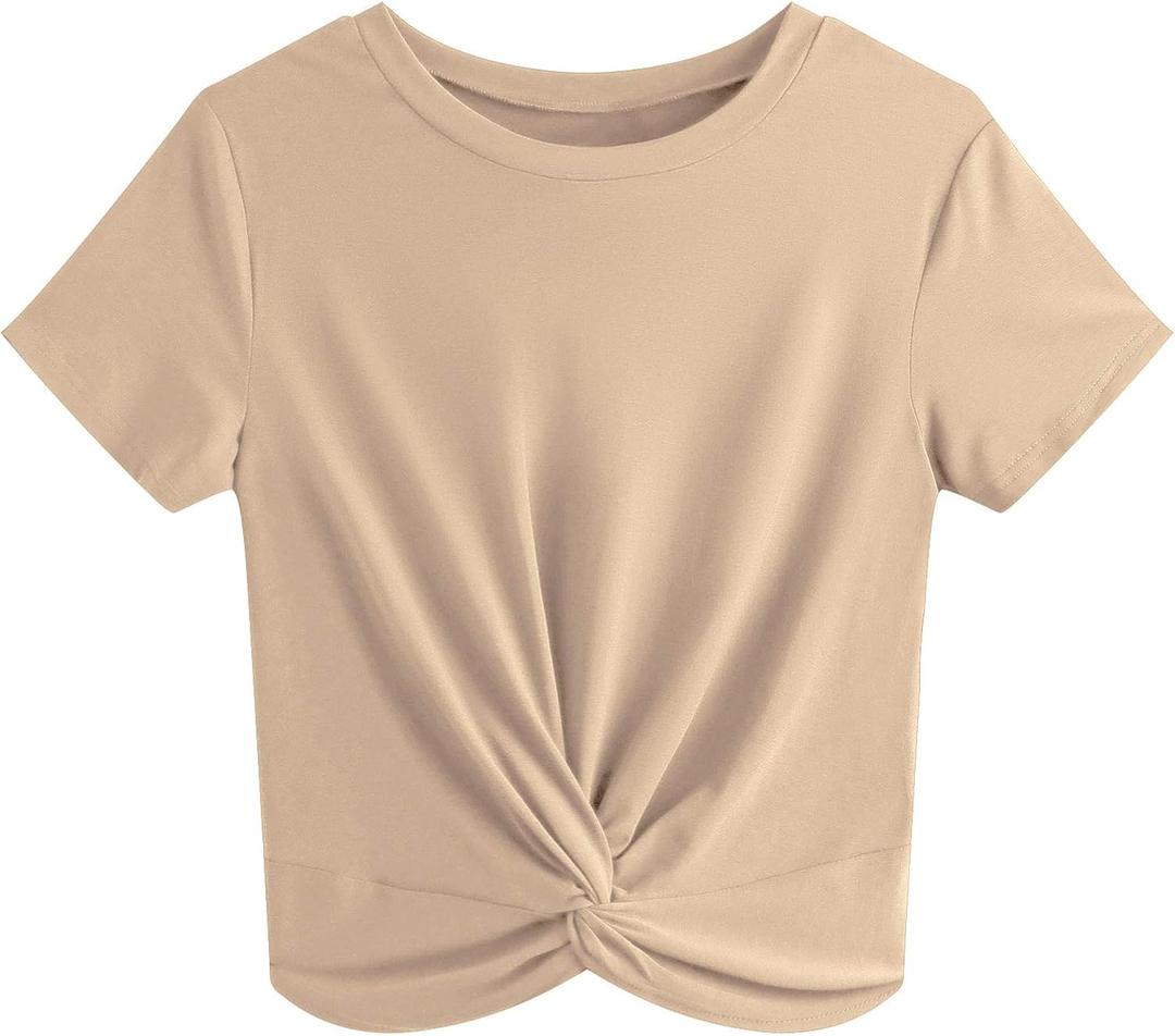 JINKESI Women's Summer Causal Short Sleeve Blouse Round Neck Crop Tops Twist Front Tee T-Shirt (Medium, A4 Khaki)
