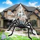BOSONER Halloween Decorations Outdoor Spider Webs: 1Pcs Giant Spiders - 200'' Triangular Web with Hook - Stretch Web and Ground Stakes for Large Halloween Decor and Haunted House Decoration