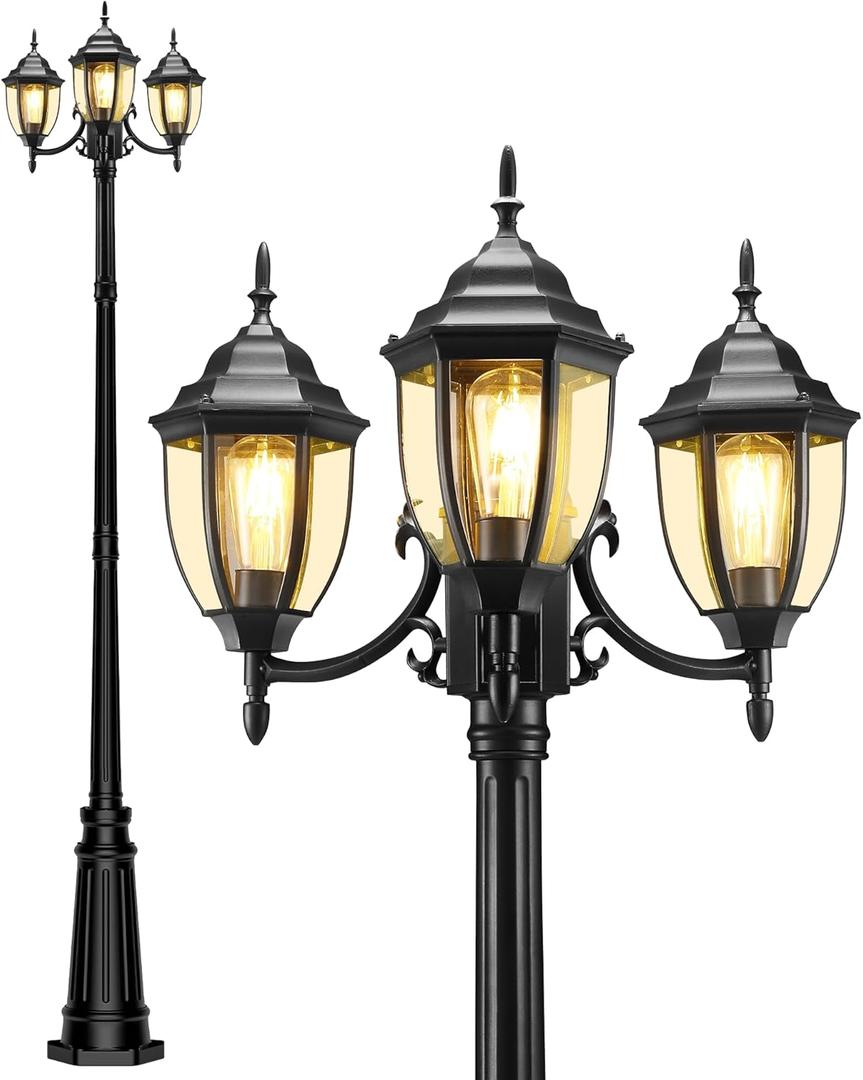 Lamp Post Outdoor Lighting, 3-Head Black Hard Wired Pole Light for Outside, E26 Base Maximum 100W (Bulb Not Included), Waterproof Street Light Fixture for Yard, Garden, Driveway (Classic)
