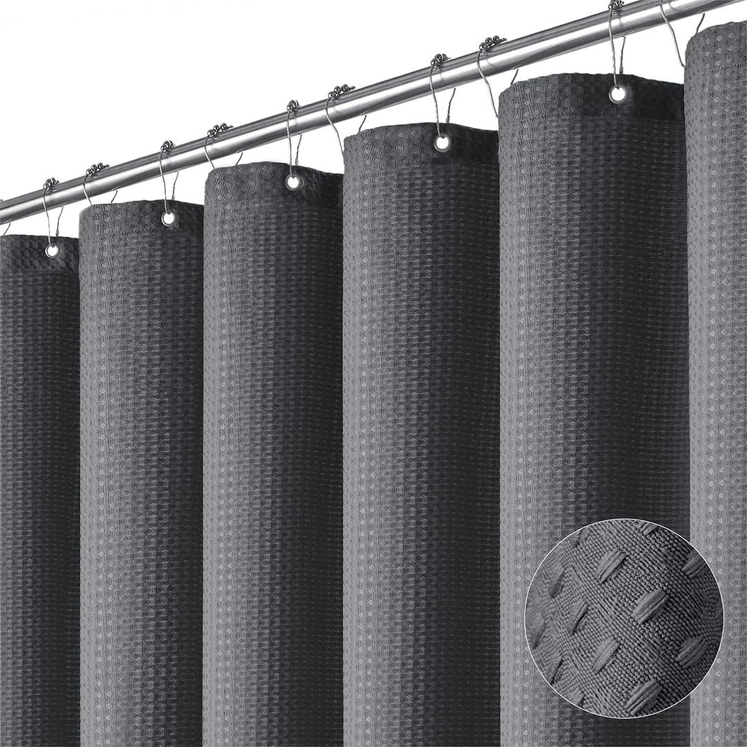 Dynamene Stall Fabric Shower Curtain - 36x72 Waffle Weave Weighted Cloth Shower Curtains for Bathroom, Neutral Heavy Duty Hotel Spa Luxury Bath Curtain Set with 6 Plastic Hooks,Charcoal Grey