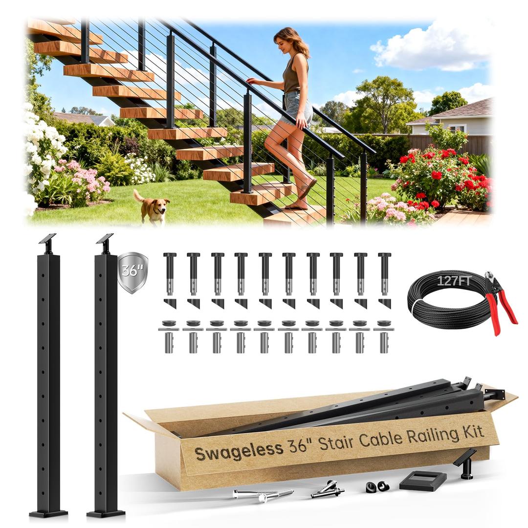 Gyykzz 4-12FT Swageless Black Stair Cable Railing Post Kit 36", 2 Stair Post Kit Cable Railing System with Patent Swageless Reusable Terminal, T304 Black Stair Rail Post Fit 28°-38° Stair DIY Length