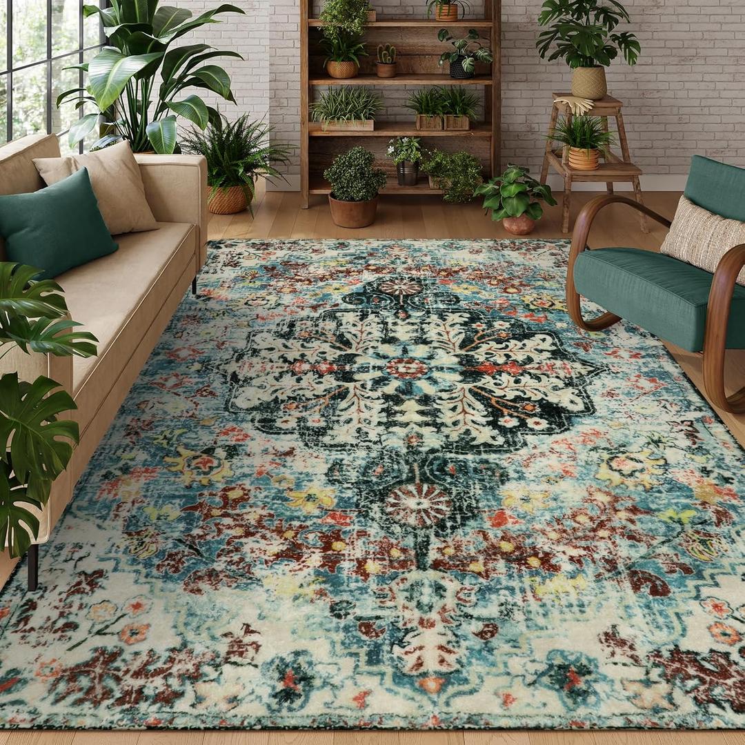 Lahome Boho 8x10 ft. Rugs for Living Room, Teal Washable Rugs for Bedroom Aesthetic Large Dining Room Rug, Large Bohemian Printed Non-Slip Low Pile Throw Playroom Carpet for Kids Room Nursery Office
