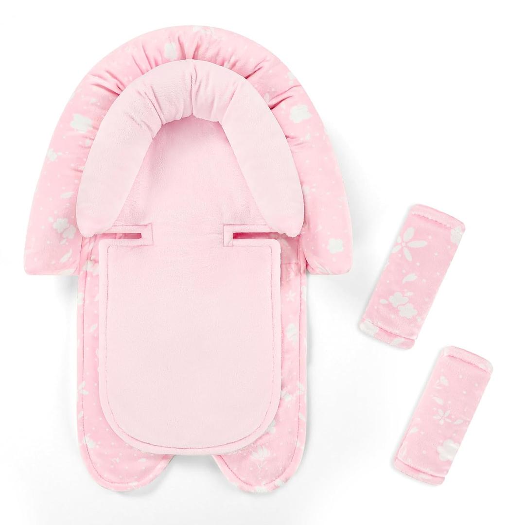 Infant Car Seat Insert & Strap Cover for Baby Girls, 2 in 1 Carseat Head Support Newborn, Ultra Soft Car Seat Cushion for Babies, Plush Fabric, Fit for Swing, Car Seat, Stroller, Bouncer, Pink (Flower)