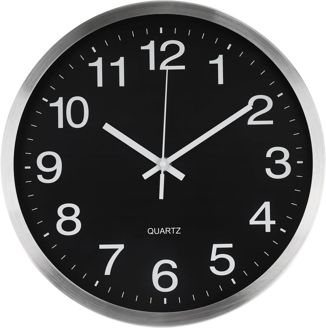 Wall Clock 12 Inch Metal Finish Silent Non Ticking Indoor Clock Round Battery Operated Stainless Steel Wall Clocks for Home, Office, Living Room (Black-Silver Brushed Finish, 12 Inch)