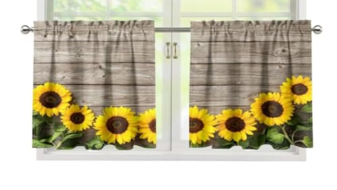 Sunflowers Wooden Board Kitchen Curtains Vintage Yellow Floral Window Curtains and Valances Set Office Dining Room Bedroom  27.5 x 24 inches *2