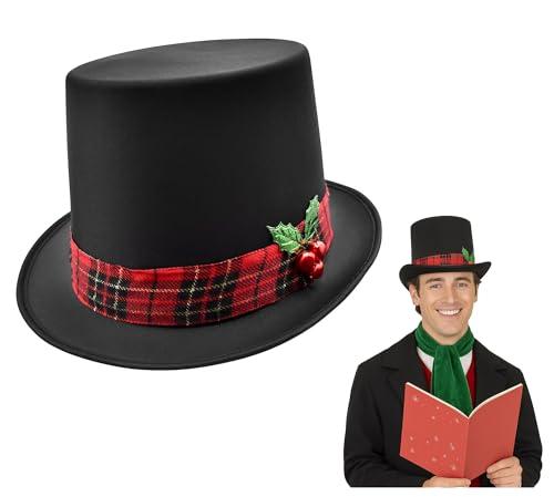 Nicky Bigs Novelties Black Christmas Top Hat, Snowman Hat for Men With Plaid Band & Berries, Pilgrim Hats, Victorian TopHat For Adults, Ugly Christmas Sweater Costume Black TopHat, One Size Fits All, Pack Of 2