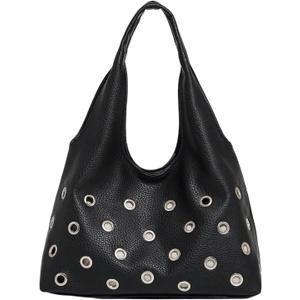 QWINEE Women's Grommet Eyelet Leather Underarm Bags Y2K Magnet Shoulder Bags Purse (Black)