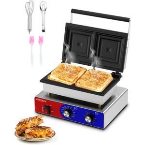 Commercial Sandwich Press, Adjustable Temp 0–550°F & Timer Electric Sandwich Maker, Stainless Steel Panini Grill Press Sandwich Maker w/Non-Stick Plates, Makes 2 Grilled Cheese Sandwiches