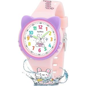 Ayybboo Cat Kids Analog Watch for Girls Boys Toddler, Learning Time and Easy to Read, 30M Waterproof Children Quartz Wristwatches, Cute Telling Time Hand Watch with Cartoon Soft Strap Age 512