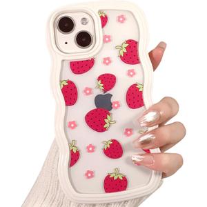 NITITOP Compatible for iPhone 13/ iPhone 14 Case Cute Curly Wave Wavy Frame Shape Shockproof Soft TPU 2 in 1 Flower Floral Phone Cover for Women Girl-Strawberry