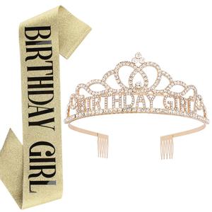 AOPRIE Birthday Crown for Women Birthday Girl Sash for Women Birthday Tiara for Women Birthday Girl Headband Princess Crown Rhinestone Happy Birthday Accessories Gold