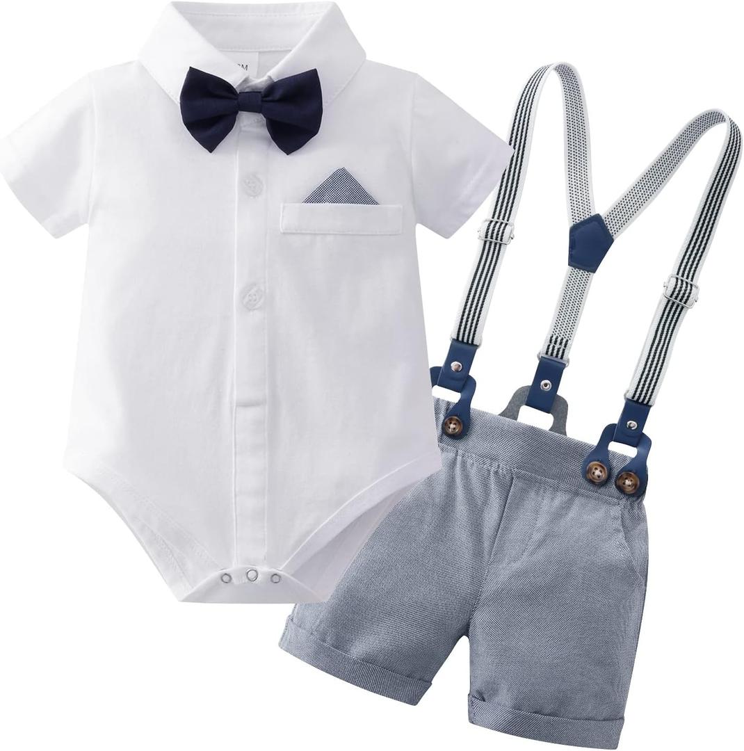 YUEMION Infant Baby Boy Clothes Gentleman Outfits Suits Summer Short Sleeve Bowtie Bodysuit Shirts + Suspender Shorts (3-6 Months)