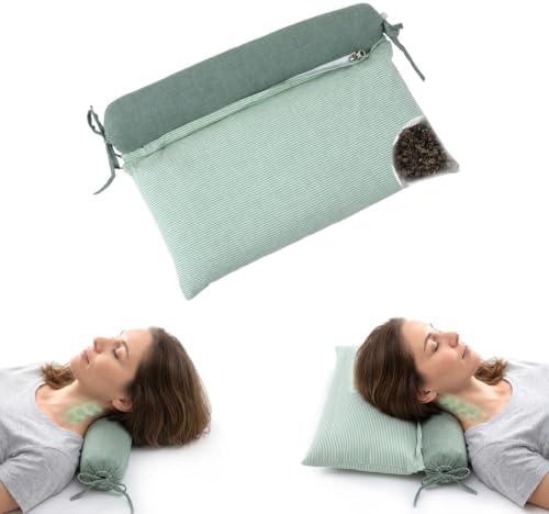 2-in-1 Adjustable Buckwheat Pillow, Detachable Bone, Neck Relief (Green) | Hulls Firm Buckwheat Neck Pillow for Neck Support, Breathable Washable Cover, Deep Sleep, for Side & Back Sleepers