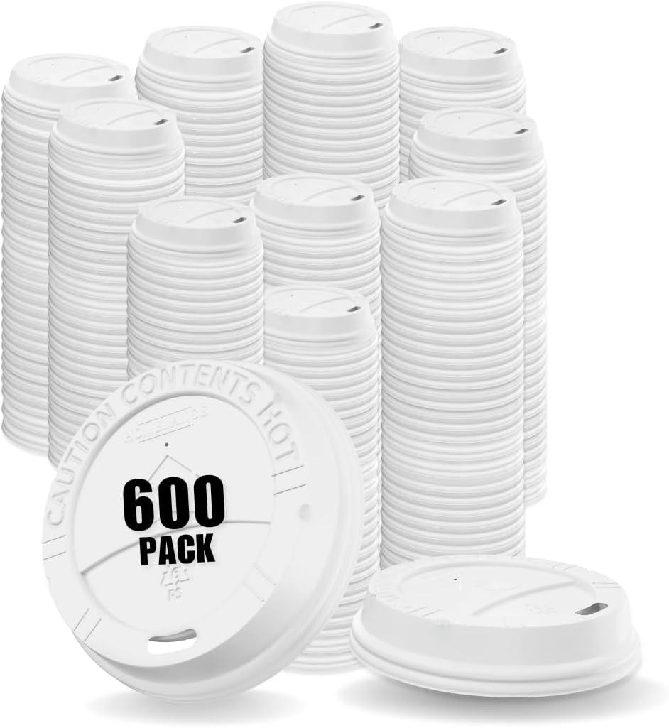 Pack of 600 White Disposable Coffee Cup Lids - Leak-Proof, Heat-Resistant & Strong, 10oz, 12oz, 16oz, 20oz Sizes for Everyday Convenience