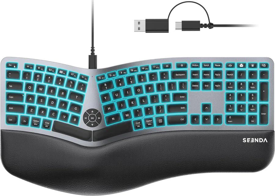 Wired Ergonomic Split Keyboard 7 Color Backlit Wrist Rest Full Size Numpad USB-A & Type-C Win/Mac