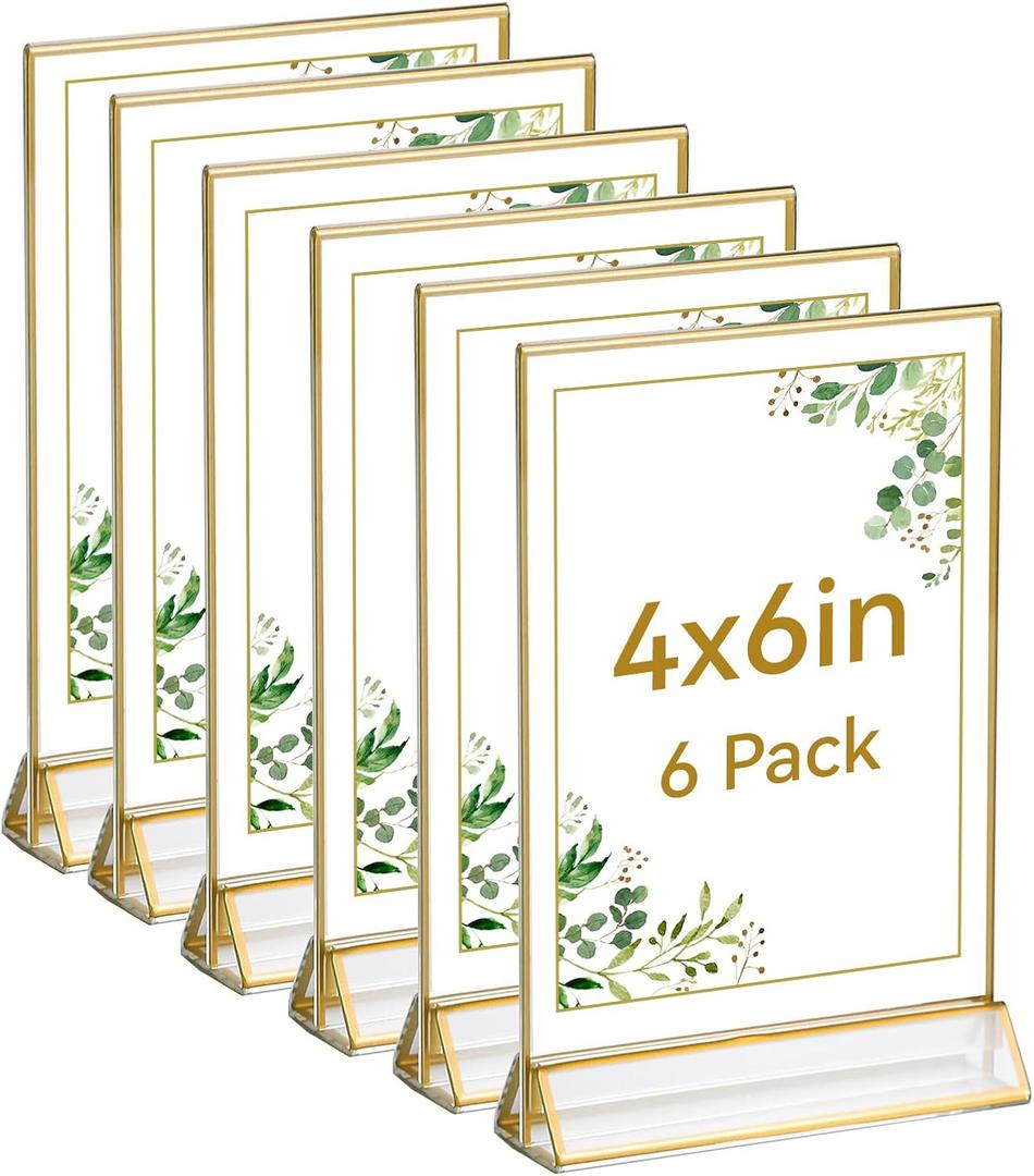 UNIQOOO Acrylic Sign Holders with Golden Border, Portrait View, Pack of 6 | 4x6 Inches Double Sided Clear Frame, Perfect for Wedding reception, Centerpiece, Decoration, Party,Anniversary, Event