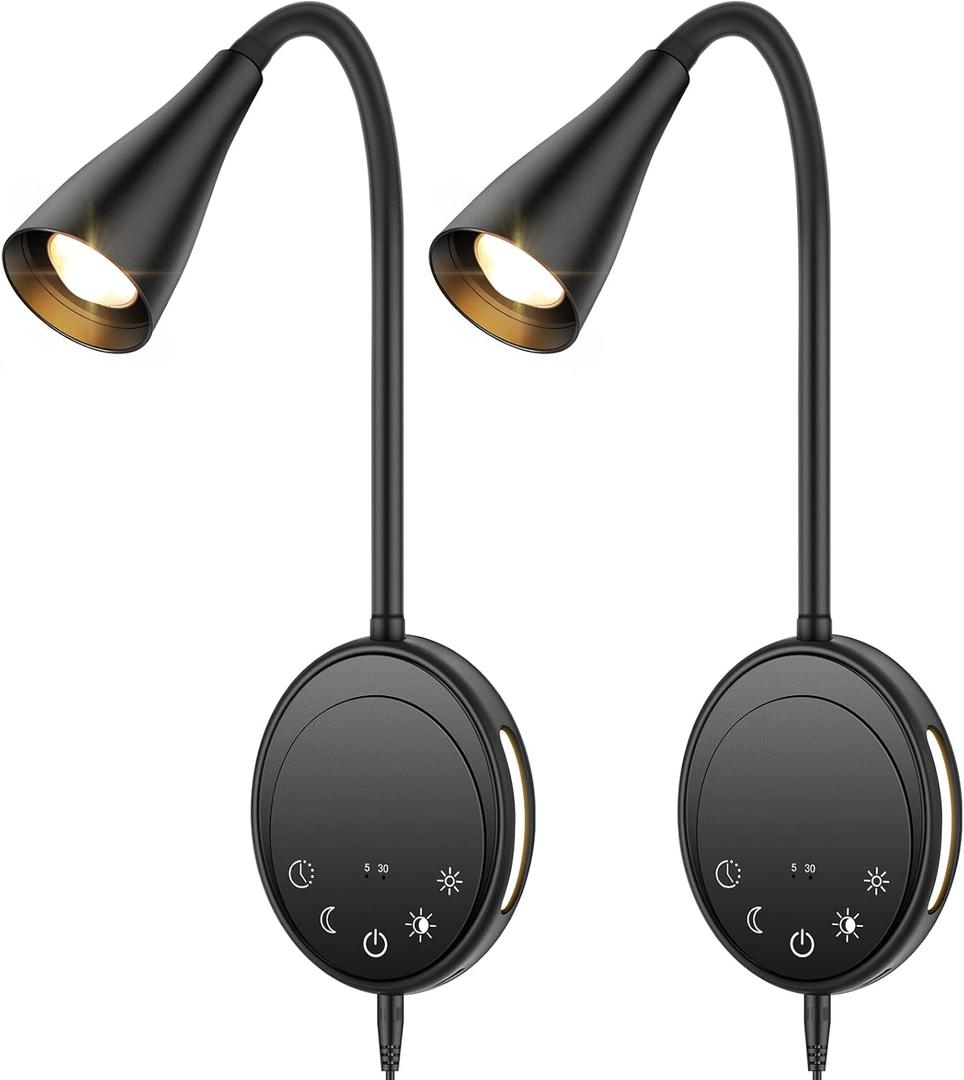 SANKEDOU LED Wall Mount Reading Light, Bedside Reading Lights with Touch Control, 5 Dimmable, USB Output, Night Light & Timers, Flexible Gooseneck Headboard Bed Lights Wall Sconce (Black-2P)