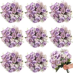 Crowye 16 Bundles Artificial Peony Silk Flower Hydrangea Fake Peony Bouquet Elegant Faux Flowers with Stems for Wedding Table Centerpiece Party Home DIY Decoration (Purple)
