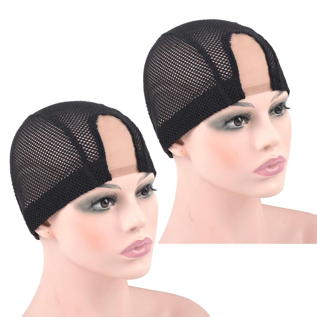 2 Pcs 1.4X3 Inch U Part Wig Cap for Making Wig Lace Wig Cap Dome Mesh Stretch Weaving Wig Caps (Medium Black)