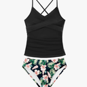 Girls Swimsuit Tankini Criss Cross Ruched 2 Piece Bathing Suit Printed Girl Swimwear for Teens 15-16Y