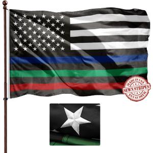 Thin Blue Red Green Line Flag Banner 3x5 Ft- Sewn Stripes- UV Fading Resistant- Premium Quality Nylon- Police Firefighter Military Support Flag- 4 Rows Stitched- 2 Brass Grommets (RBG)