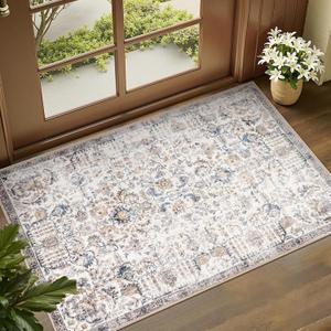 jinchan Kalen Area Rug 2x3 Washable Entryway Rug Vintage Doormat Indoor Entrance Lightweight Thin Retro Distressed Door Mat Floral Print Country Boho Non Slip Carpet for Bathroom Kitchen Bedroom Blue