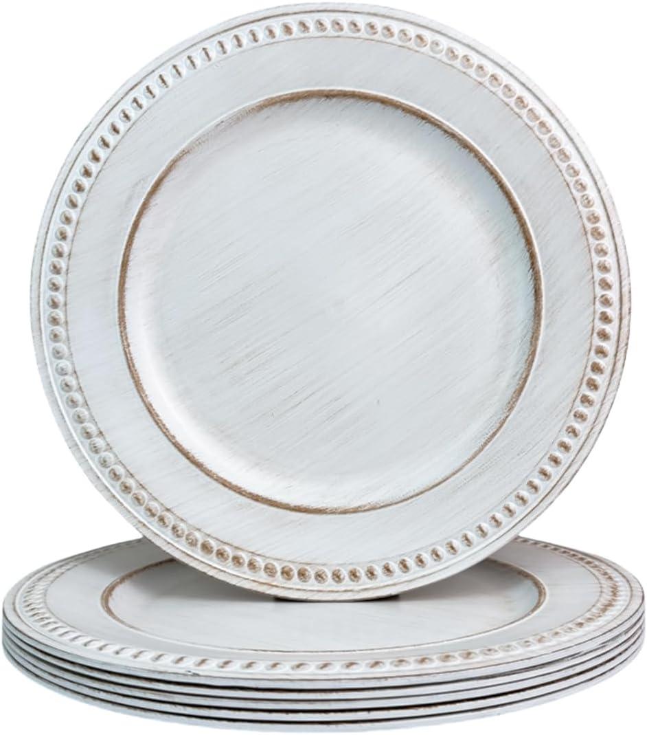 White Charger Plates,13 Inch Vintage Dinner Plate Chargers Round Server Ware. Set of 6 Plastic Beaded Chargers for Dinner Plates, Party, Wedding (White)