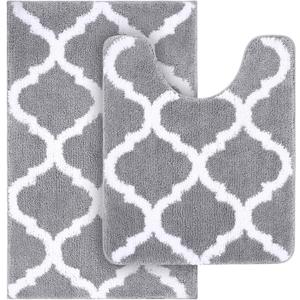 OLANLY Bathroom Rugs Set 2 Piece, Microfiber Bath Shower Mat and U-Shaped Toilet Rug, Machine Wash Dry, Non-Slip Absorbent Shaggy Bath Mats for Tub, Shower and Bathroom (24"x16"+24"x20", Grey)