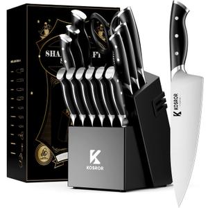 Kitchen Knife Set with Block: 15-Piece German Stainless Steel with Dual Sharpener for Beginners - Covers 95% Kitchen Tasks - Black Full-Tang Ergonomic Handle, Dishwasher Safe, Easy to Use